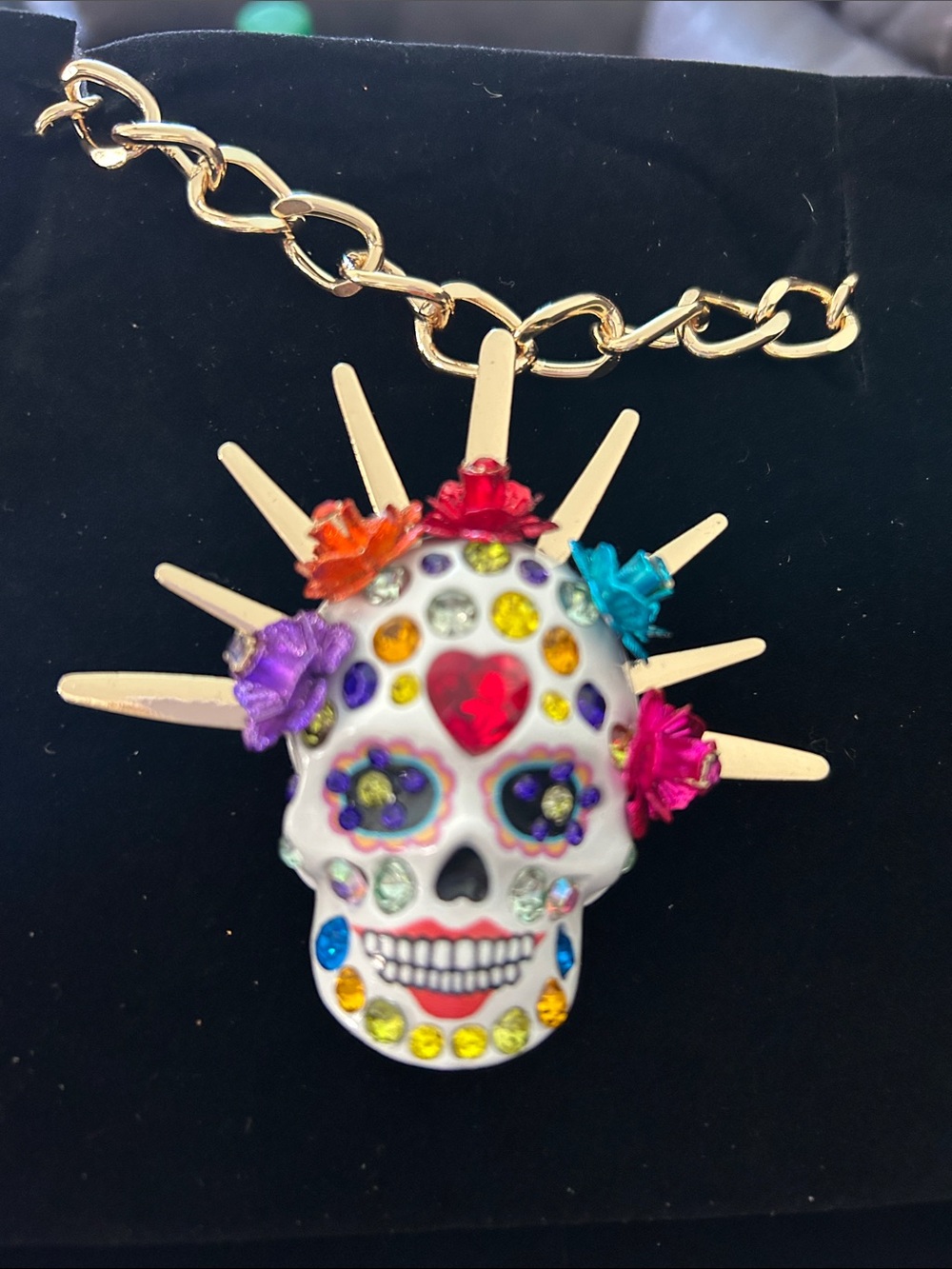 Betsey Johnson White Sugar Skull Pendant Necklace with Multicolor Rhinestones